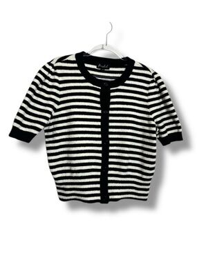 Striped Cardigan Nautical French Knit Short Sleeve Sweater Black White Small